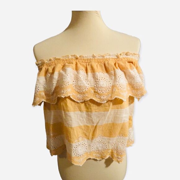 American Eagle Yellow Striped Off the Shoulder Cropped Blouse - Picture 3 of 10